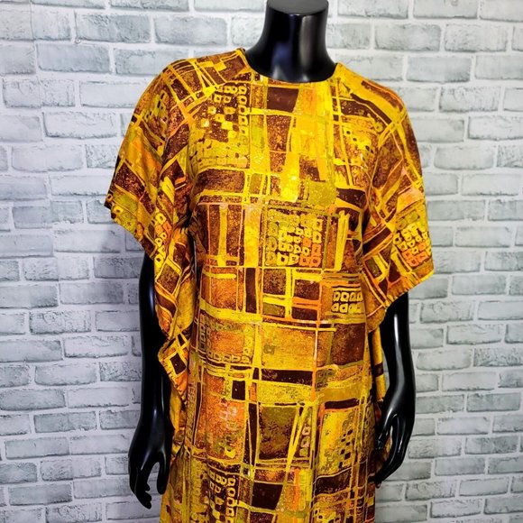 Vintage Made in Hawaii XS Hawaiian Wing Sleeve Abstract Geo Pattern Hostess Gown - Picture 4 of 12